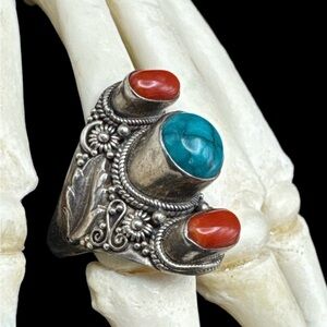 Vintage Southwest Tibetan Sterling Turquoise & Coral Saddle Ring Adjustable Size